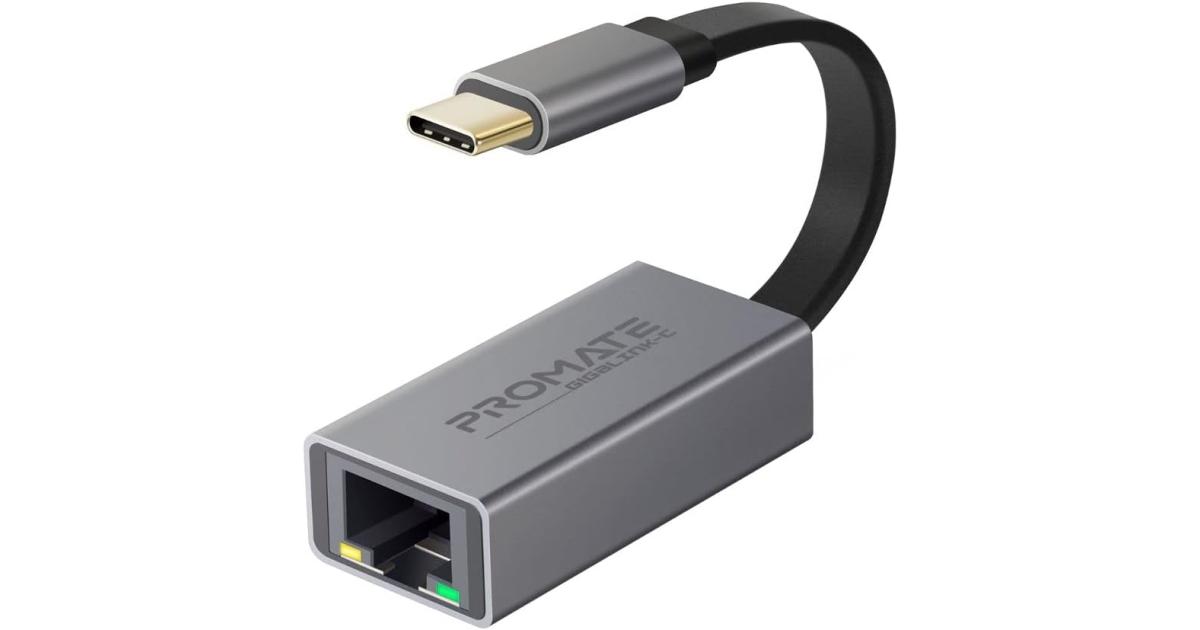 محول Promate GigaLink-C USB-C من سبائك الألومنيوم عالي السرعة USB Type-C إلى 10/100/1000 ميجابت في الثانية RJ45 Gigabit Ethernet