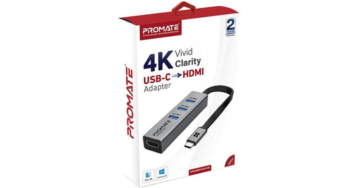 محول Promate MediaHub-C3 من الألومنيوم USB-C إلى HDMI، صغير الحجم للغاية من النوع C إلى 4K 30 هرتز HDMI Hub مع 3 منافذ USB 3.0 مزامنة شحن 5 جيجابت في الثانية