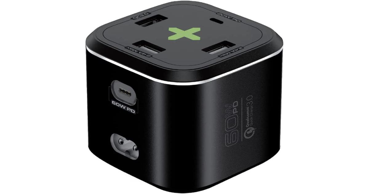 محطة شحن بروميت PowerCube-PD80 USB-C متعددة المنافذ 60 وات/20 وات، منفذ USB-C مزدوج 2.4 أمبير، منفذ USB-C وشحن سريع 3.0