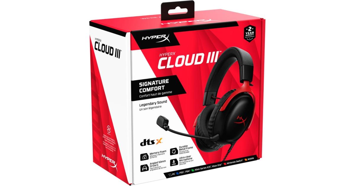 HyperX Cloud III مشغلات سلكية بزاوية 53 مم DTS إطار متين من إسفنج الذاكرة فائق الوضوح 10 مم ميكروفون USB-C وUSB-A 3.5 مم للكمبيوتر الشخصي وPS5 وXbox Series X|S - أحمر