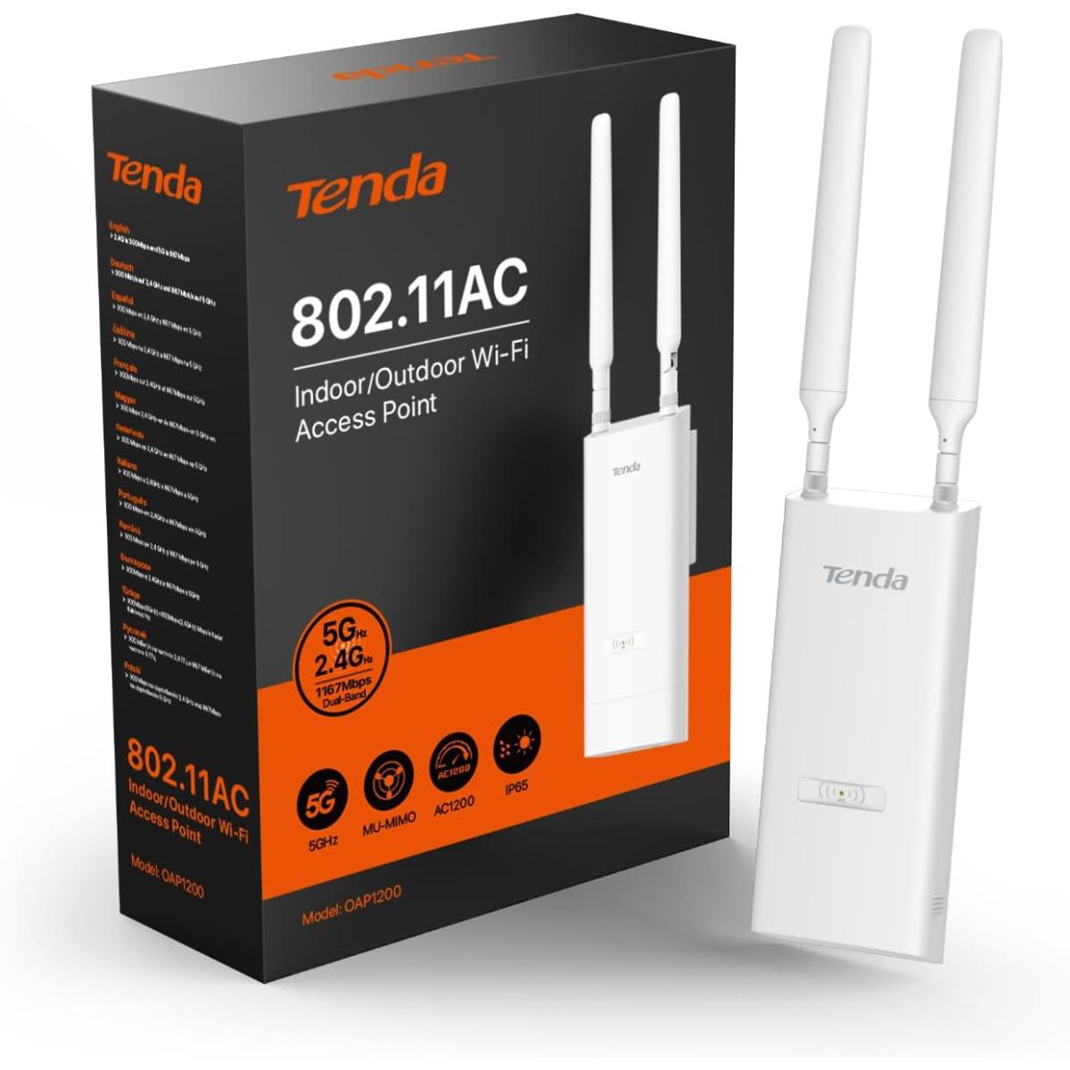 Tenda OAP1200 Outdoor Access Point, AC1200 Dual Band Gigabit Wi-Fi Access Point 24V Passive PoE, IP65, Waterproof, 1 Gigabit Port - White