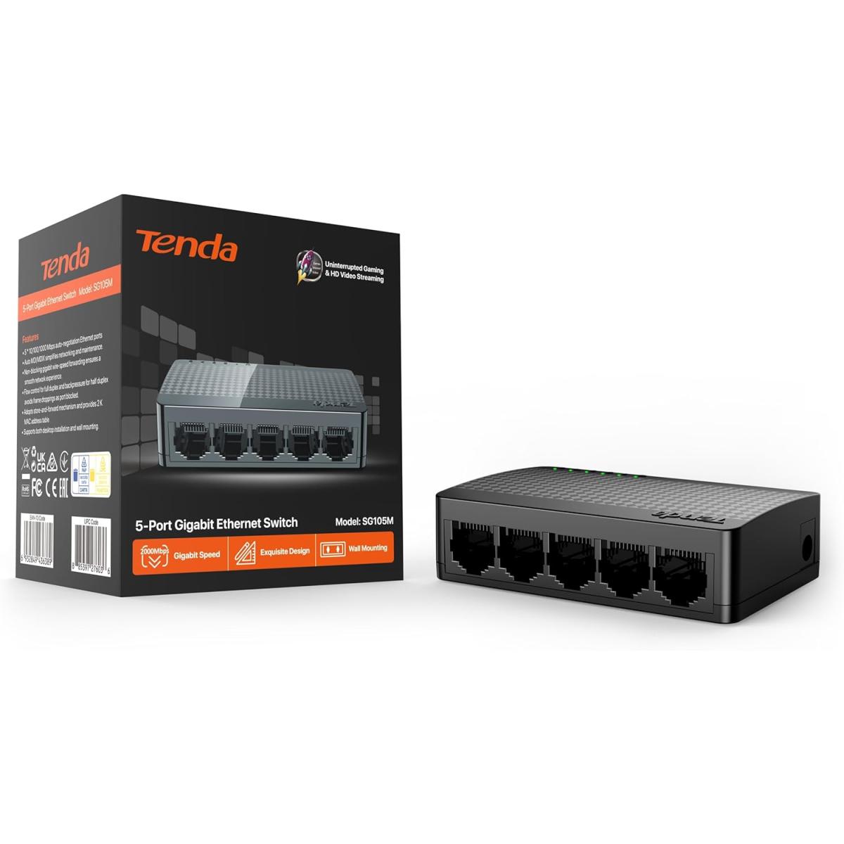 Tenda SG105M 5-Port Gigabit Switch, Unmanaged Home Ethernet Switch, Office Ethernet Splitter, Plastic Case