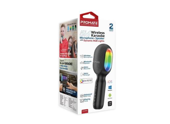 Promate VocalMic 5-in-1 Wireless Bluetooth Karaoke Microphone & Speaker With Dynamic RGB Lights Compatible With iOS, Android, Windows- Black product thumbnail 2