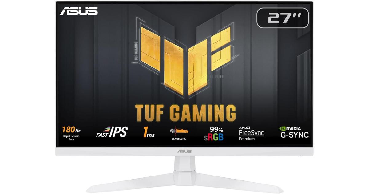 Asus TUF VG279Q3A-W 27 بوصة Fast IPS Full HD 180 هرتز 1 مللي ثانية G-Sync متوافق مع مزامنة الحركة المنخفضة للغاية مع مكبر صوت - أبيض