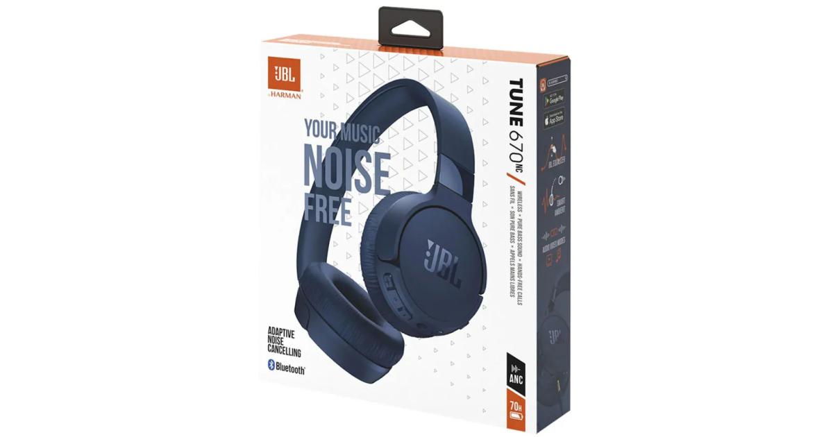 JBL Tune 670NC إلغاء الضوضاء التكيفي مع تقنية لاسلكية محيطة ذكية تصل إلى 70 ساعة شحن سرعة عمر البطارية خفيف الوزن ومريح وقابل للطي - أزرق