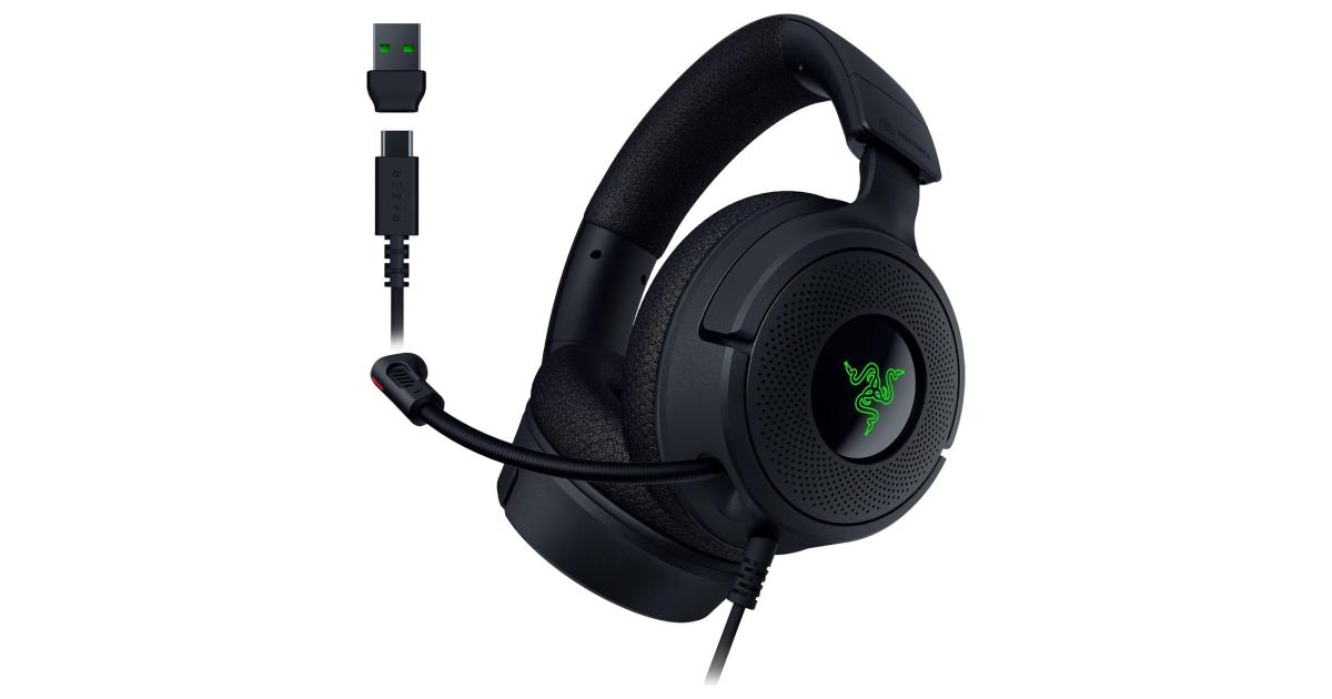 Razer Kraken V4 X Wired 40mm Drivers Cardioid Mic Memory Foam Cushions Chroma RGB Lighting Type C & Type A Cable للكمبيوتر الشخصي، Mac، PS5، Nintendo Switch، Steam Deck، الهاتف الذكي