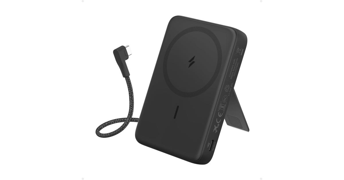 باور بنك (شاحن متنقل) Anker Zolo Magnetic , 10,000mAh Wireless Portable Charger with 30W Max Fast Charging, Battery Pack with Built-in USB-C Cable and Adjustable Stand, for iPhone 16/15 Series, AirPods - Black