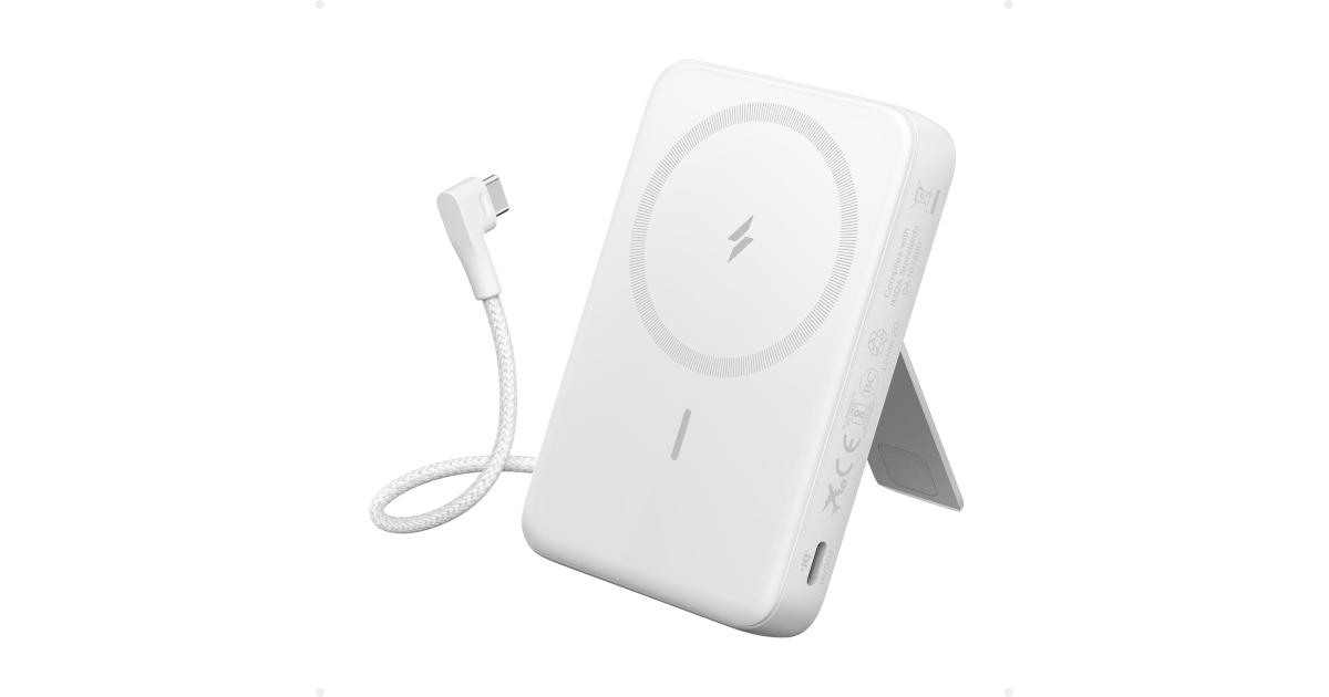 باور بنك (شاحن متنقل) Anker Zolo Magnetic , 10,000mAh Wireless Portable Charger with 30W Max Fast Charging, Battery Pack with Built-in USB-C Cable and Adjustable Stand, for iPhone 16/15 Series, AirPods - White