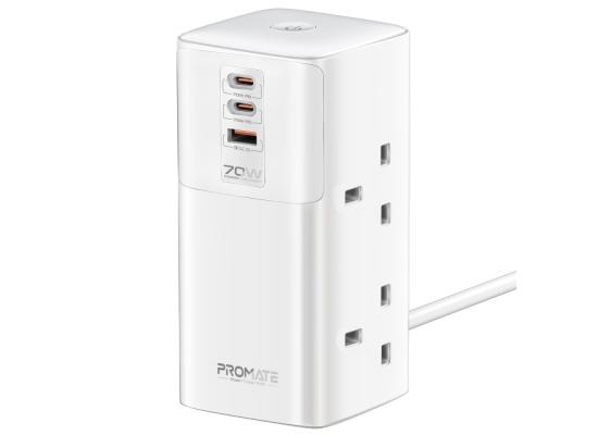 Promate Power Tower 70W multi-port Charging Station dual PD70W USB-C ports, a 30W QC 3.0 port and four universal 2500W Charging Station with Quad AC Sockets product thumbnail 2