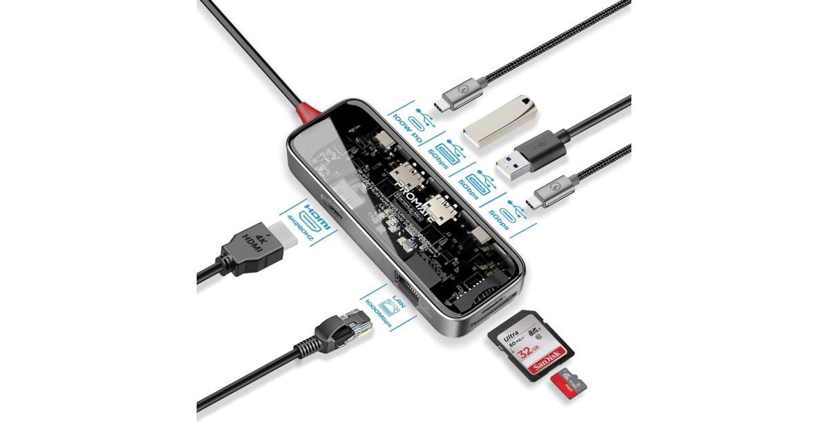 Promate Transhub-Mini USB-C™ Hub 8-in-1 Media Hub 4K@60 هرتز HDMI 1000Mbps LAN SD/TF Ports 2x USB-A 5Gbps Ports 100W USB-C™ Power Delivery