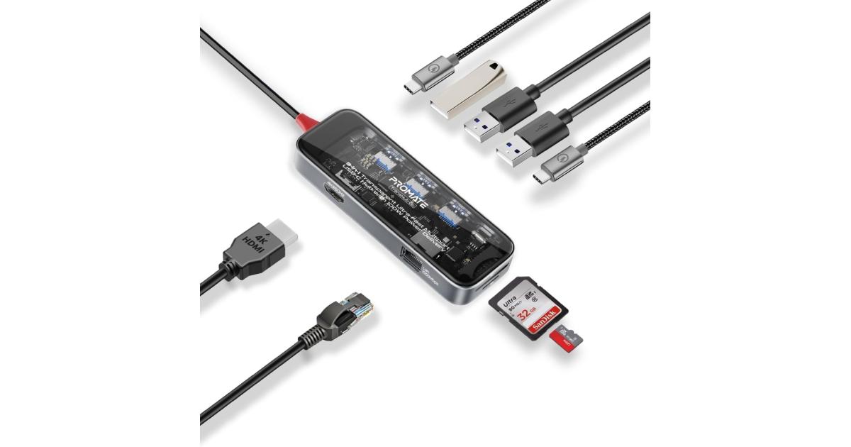 Promate TransHub-Go USB-C™ Hub 9-in-1 Multi-Display Media Hub 4K@60 هرتز HDMI 1000Mbps LAN 2x USB-A 5Gbps Ports 100W USB-C™ Power Delivery