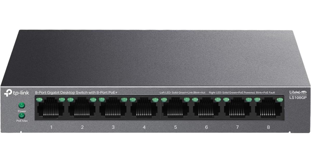 TP-Link LS108GP 8 Port PoE Gigabit Ethernet Switch 62W تمديد وضع PoE الاسترداد التلقائي لسطح المكتب/التثبيت على الحائط التشغيل الصامت