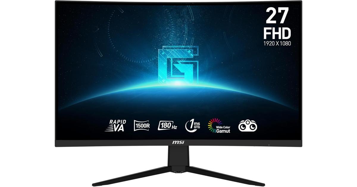 MSI G27C3F 27 بوصة منحني 1500R Rapid VA Full HD 180 هرتز 1 مللي ثانية رؤية ليلية بدون إطار مع دعم مضاد للوميض وأقل ضوء أزرق 120 هرتز لوحدة التحكم - أسود