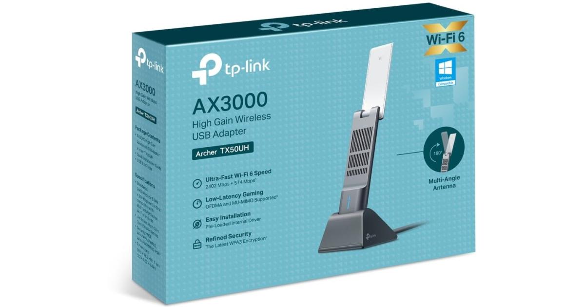 محول USB لاسلكي Tp-Link Archer TX50UH AX3000 عالي الكسب بسرعة 3000 ميجابت في الثانية ثنائي النطاق واي فاي 6 هوائيات عالية الكسب وتكوين الشعاع USB 3.0 - أسود