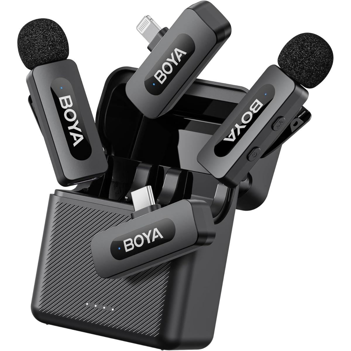 BOYA BY-V3 Combo Wireless Microphone for iPhone Android Smartphone,100M Los Range,36H Duration,Noise Cancellation,Plug&Play Lavalier Lapel Mics for Vlogging Interview 2-in-1 Charging Case(2TX+2RX)