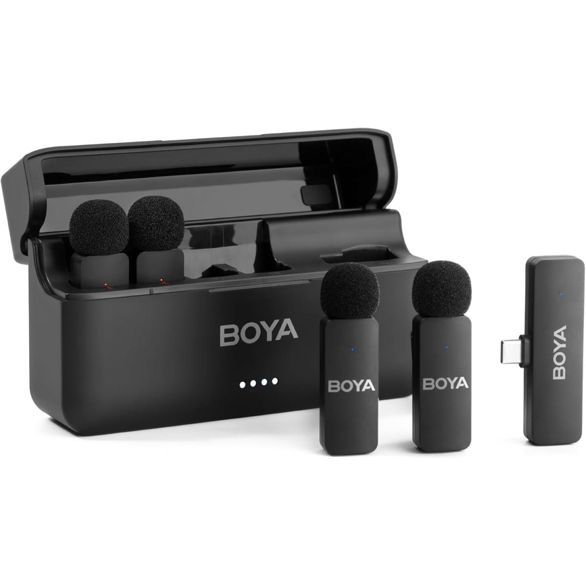 BOYA BY-V4U Wireless Lavalier Microphone for iPhone 15/16 Series Type C Smartphone with Charging Case, 4-Channel Mono Output, Omnidirectional Noise Cancelling Lapel Mic for Video Recording Podcast
