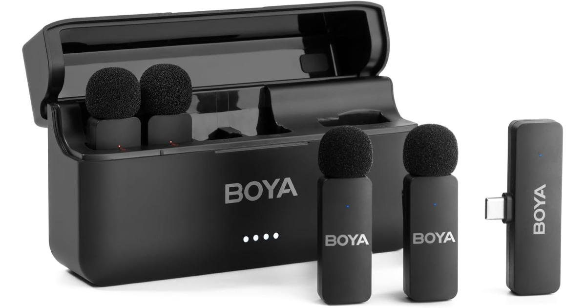 BOYA BY-V4U Wireless Lavalier Microphone for iPhone 15/16 Series Type C Smartphone with Charging Case, 4-Channel Mono Output, Omnidirectional Noise Cancelling Lapel Mic for Video Recording Podcast