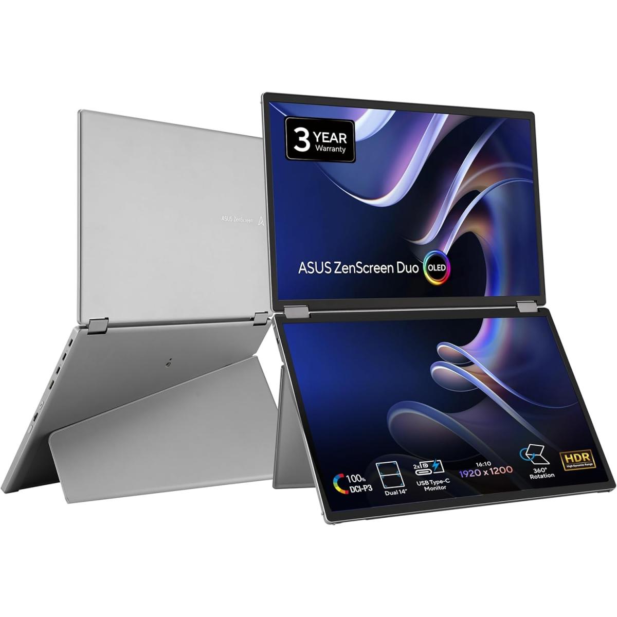 ASUS MQ149CD ZenScreen Duo OLED 360\u00b0 Foldable Portable Monitor - Dual 14-inch, 16:10, 1920x1200, DisplayHDR400 True Black, 100% DCI-P3, Delta<2, Dual USB-C, Mini-HDMI, Kickstand