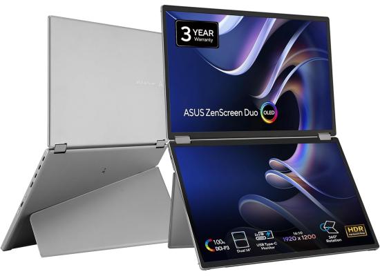 ASUS MQ149CD ZenScreen Duo OLED 360° Foldable Portable Monitor - Dual 14-inch, 16:10, 1920x1200, DisplayHDR400 True Black, 100% DCI-P3, Delta<2, Dual USB-C, Mini-HDMI, Kickstand