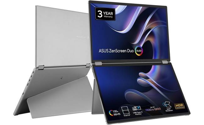 ASUS MQ149CD ZenScreen Duo OLED 360° Foldable Portable Monitor - Dual 14-inch, 16:10, 1920x1200, DisplayHDR400 True Black, 100% DCI-P3, Delta<2, Dual USB-C, Mini-HDMI, Kickstand