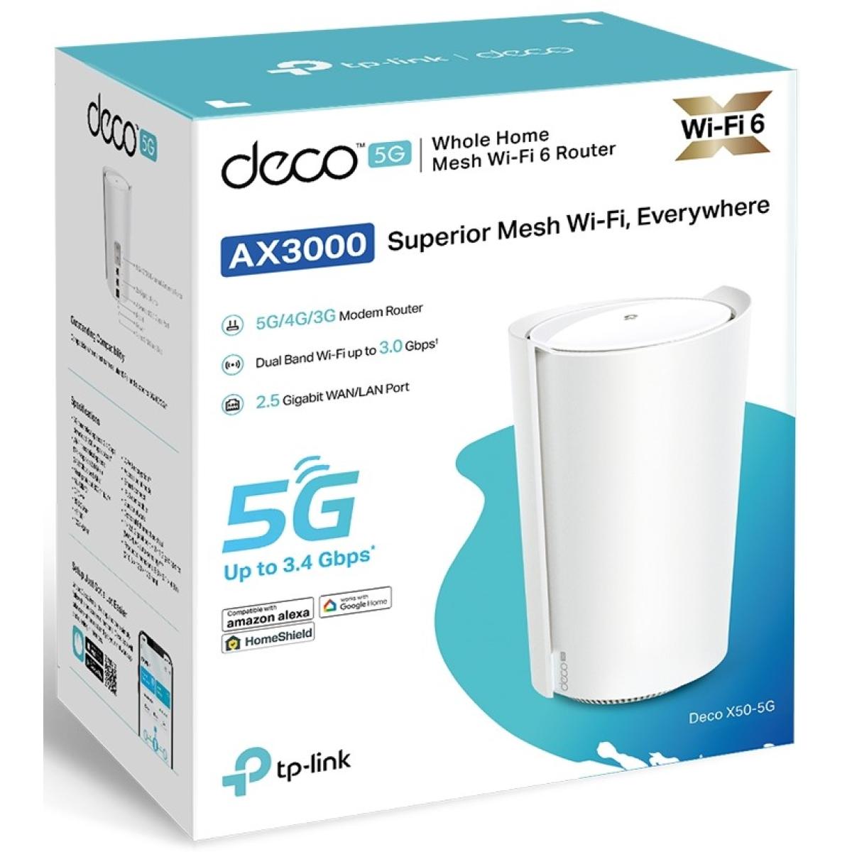 TP-Link Deco X50-5G AX3000Mbps Whole Home Wi-Fi 6 5G Router With Sim Slot, 5G\/4G+Cat 6 Mesh WiFi Router, 2.5G Port For Ultra-Fast Speed, 230 m2 Seamless Coverage, Works with Alexa, HomeShield