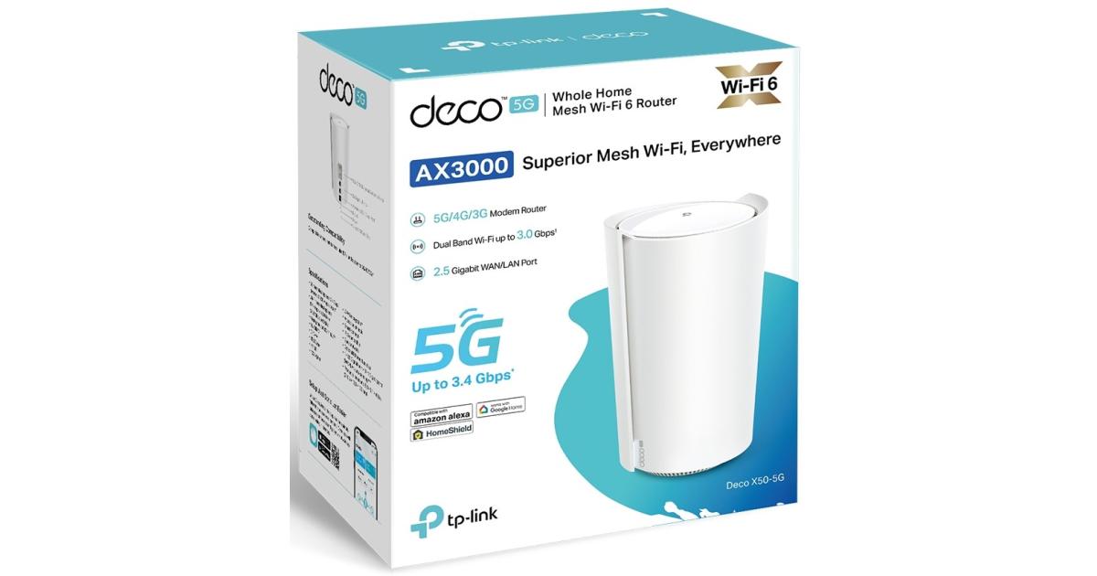 راوتر TP-Link Deco X50-5G AX3000Mbps Whole Home Wi-Fi 6 5G With Sim Slot, 5G/4G+Cat 6 Mesh WiFi , 2.5G Port For Ultra-Fast Speed, 230 m2 Seamless Coverage, Works with Alexa, HomeShield