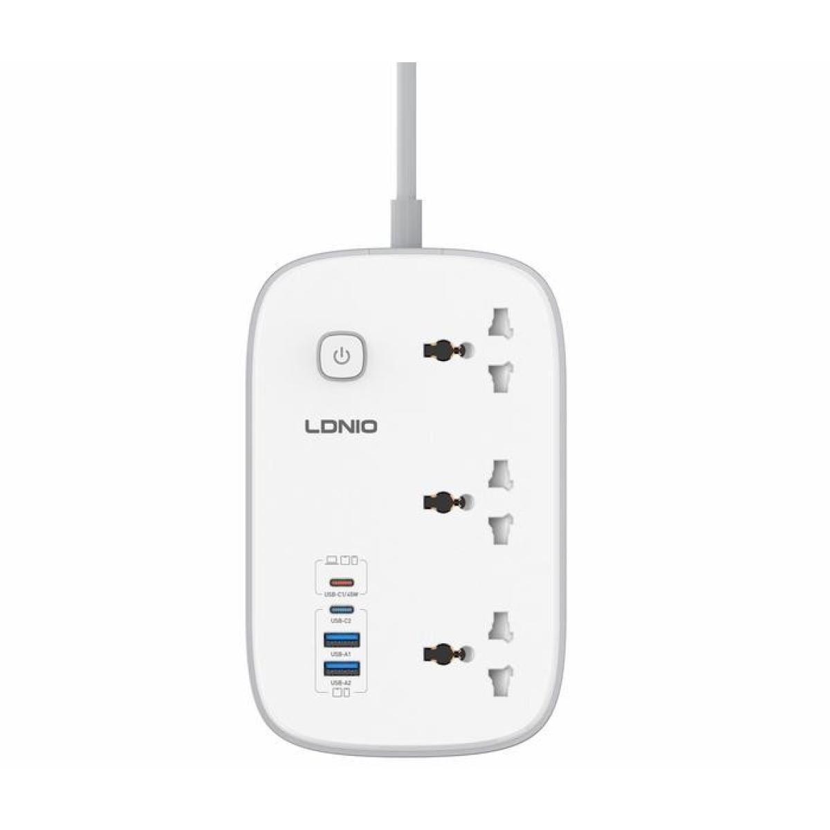 LDNIO SC6 Universal Power Socket 3250W USB C PD Fast Charging 3 Outlet Multi Plug Extension Cord, 2M Cable Surge Protector - White