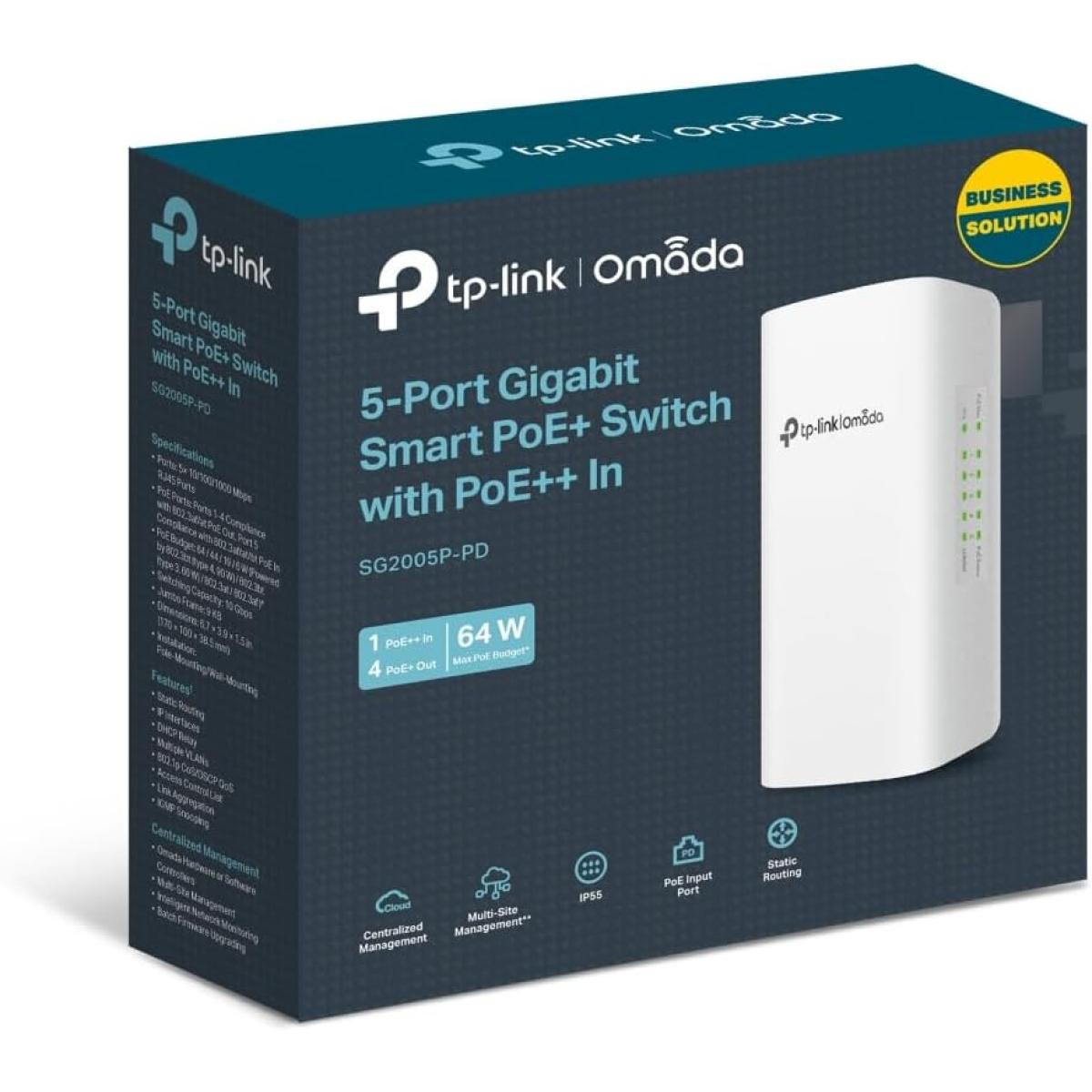 TP-Link Omada SG2005P-PD 5 Port Outdoor PoE Passthrough Gigabit Ethernet Switch | 1 PoE++ in@90W, 4 PoE+ Out Up to 64W | IP55, Static Routing, Access Control List, QoS, VLAN | PoE Powered ONLY