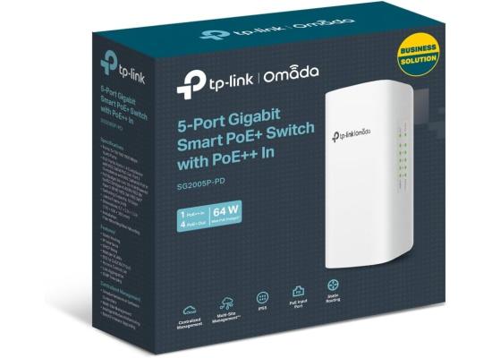 TP-Link Omada SG2005P-PD 5 Port Outdoor PoE Passthrough Gigabit Ethernet Switch | 1 PoE++ in@90W, 4 PoE+ Out Up to 64W | IP55, Static Routing, Access Control List, QoS, VLAN | PoE Powered ONLY