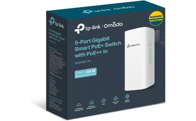 TP-Link Omada SG2005P-PD 5 Port Outdoor PoE Passthrough Gigabit Ethernet Switch | 1 PoE++ in@90W, 4 PoE+ Out Up to 64W | IP55, Static Routing, Access Control List, QoS, VLAN | PoE Powered ONLY