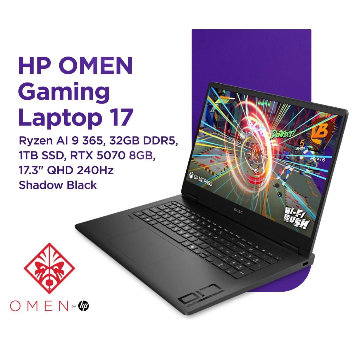 HP OMEN 17 (2025) 17-db1002ne AMD Ryzen AI 9 365 10-Cores Next-Level AI-Powered w\/ Nvidia RTX 5070 8GB DDR7 & IPS 2.5K 240Hz Display - Shadow Black