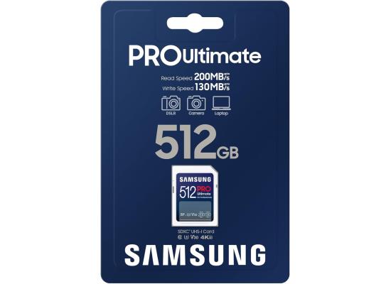 Samsung PRO Ultimate Full Size 512GB SDXC Memory Card, Up to 200 MB/s, 4K UHD, UHS-I, C10, U3, V30, A2, for DSLR, Mirrorless Cameras, PCs