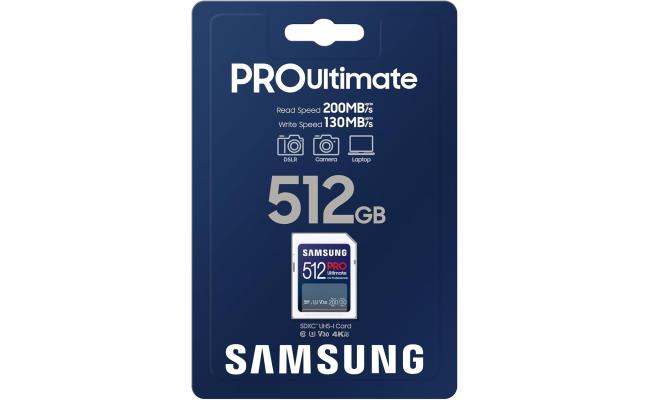 Samsung PRO Ultimate Full Size 512GB SDXC Memory Card, Up to 200 MB/s, 4K UHD, UHS-I, C10, U3, V30, A2, for DSLR, Mirrorless Cameras, PCs