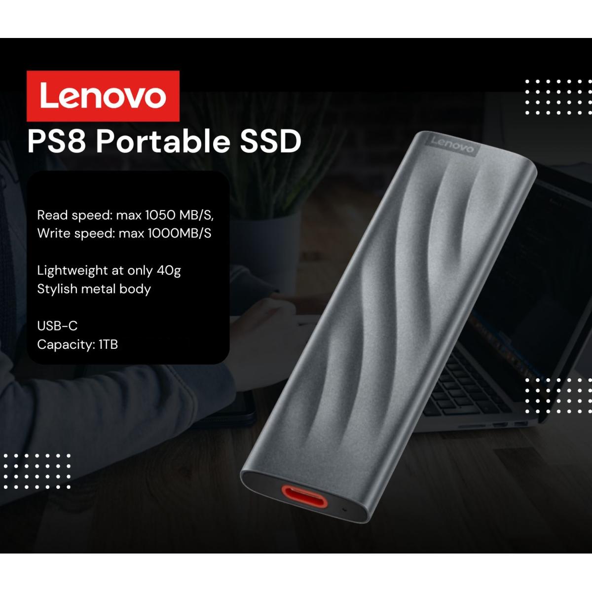 Lenovo PS8 1TB Portable SSD Fast Data up to 1050 MB\/S Pocket-Sized External SSD Stylish Metal Body USB 3.2 Gen 2, Grey