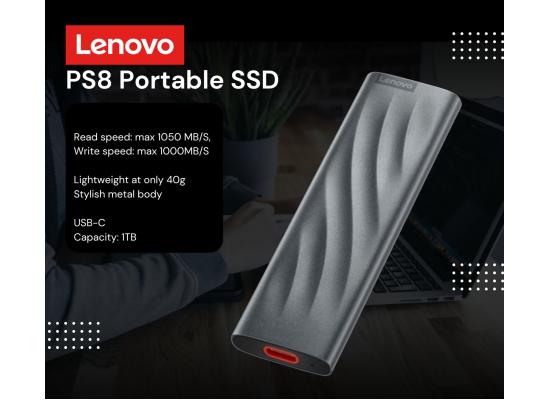 Lenovo PS8 1TB Portable SSD Fast Data up to 1050 MB/S Pocket-Sized External SSD Stylish Metal Body USB 3.2 Gen 2 , Grey