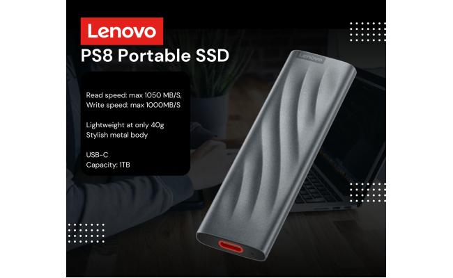 Lenovo PS8 1TB Portable SSD Fast Data up to 1050 MB/S Pocket-Sized External SSD Stylish Metal Body USB 3.2 Gen 2 , Grey