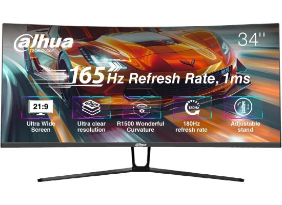 Dahua LM34-E330C Gaming Curved Monitor, 34" WQHD VA Display, 165Hz Refresh Rate, 1ms (MPRT) Response Time, 1500R Curvature, Adaptive-Sync Technology, 21 9 Aspect Ratio, Black