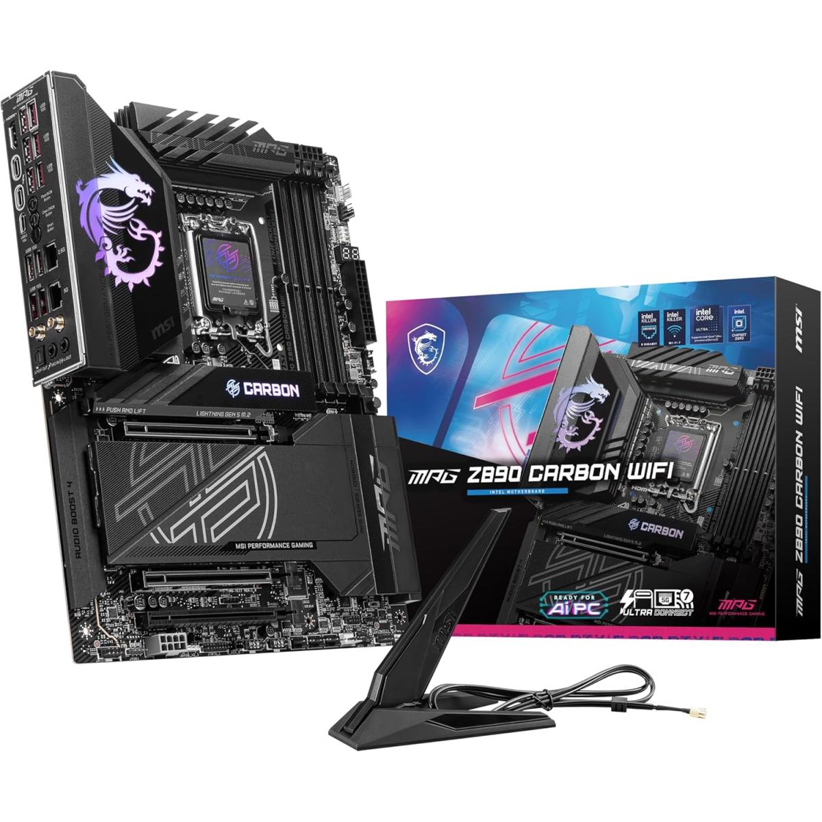MSI MPG Z890 Carbon Wi-Fi LGA 1851 ATX Motherboard, Intel Z890 Chipset, 4x DDR5 UDIMM Slots, Up to 256GB Max Memory, Wi-Fi 7 & BT 5.4, 3x PCI-e x16 Slots, 5x M.2 Slots
