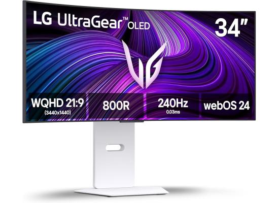 LG 34GX90SA UltraGear™ Smart 34” OLED Curved 800R 2K HDR10 240Hz 0.03ms True Black 400 webOS24 AI Picture & Sound G-SYNC  Compatible HDMI 2.1 & USB C Adjustable Stand  - White