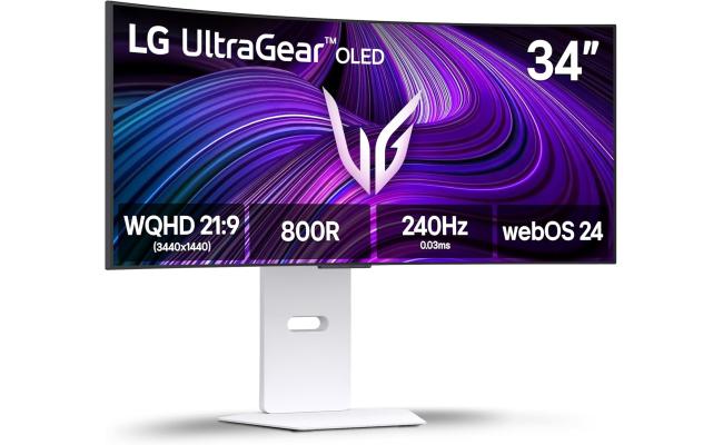 LG 34GX90SA UltraGear™ Smart 34” OLED Curved 800R 2K HDR10 240Hz 0.03ms True Black 400 webOS24 AI Picture & Sound G-SYNC  Compatible HDMI 2.1 & USB C Adjustable Stand  - White