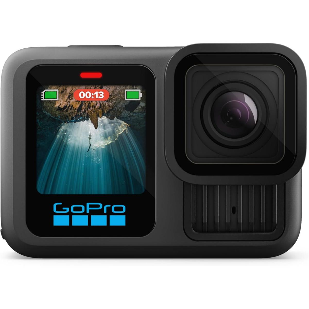 GoPro Hero13 Action Camera, 5.3K Professional Video, 27.6MP Active Pixels, 3 Microphones, Stereo Audio, Rugged + Waterproof, BLE 5.3, USB-C, Removable 1900mAh Enduro Battery, Black