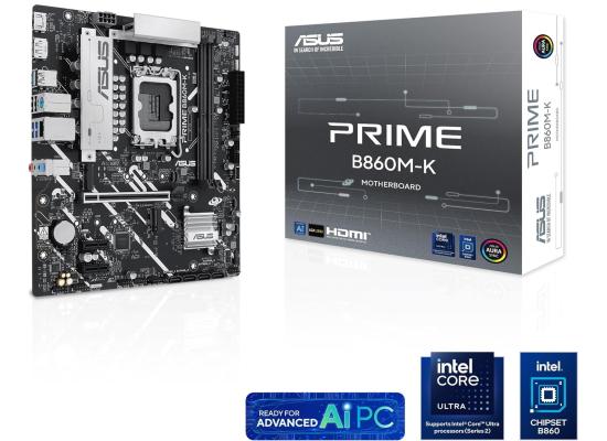 ASUS Prime B860M-K LGA 1851 Micro-ATX Motherboard LGA 1851 Micro-ATX Motherboard, Intel B860 Chipset, 2x DIMM DDR5 Slots, Up to 128GB Max Memory, 1x PCIe 4.0 x16 Slot, 2x M.2 Slots