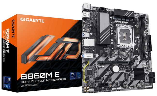 GIGABYTE B860M-E LGA 1851 M-ATX Motherboard, Intel B860 Chipset, 2x DIMM DDR5 Slots, Up to 128GB Max Memory, 1x PCIe 5.0 x16, 2x M.2 Slots