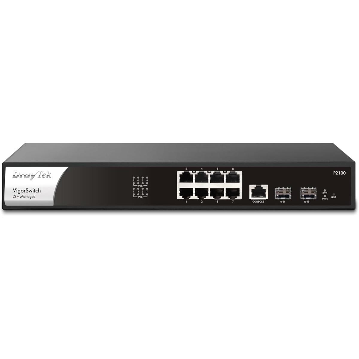 Draytek VigorSwitch P2100 8-Port Gigabit PoE Layer 2+ Managed Switch | 2 SFP Uplink Ports | Rack Mountable | Business Class