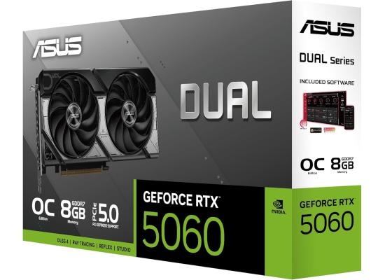 ASUS Dual GeForce RTX 5060 OC Edition Graphics Card, DUAL-RTX5060-O8G, 8GB GDDR7 128-Bit Memory, 2565 MHz Boost Clock, 28 Gbps Memory Speed, 3840 CUDA Cores, PCI Express 5.0