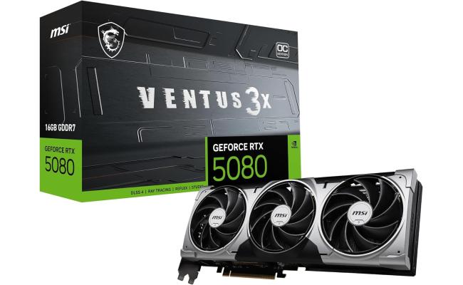 MSI GeForce RTX 5080 VENTUS 3X OC Graphics Card, 16GB GDDR7 256-Bit Memory, 2640 MHz Boost Clocks, 10752 CUDA Cores, 30 Gbps Memory Speed, PCI Express Gen 5