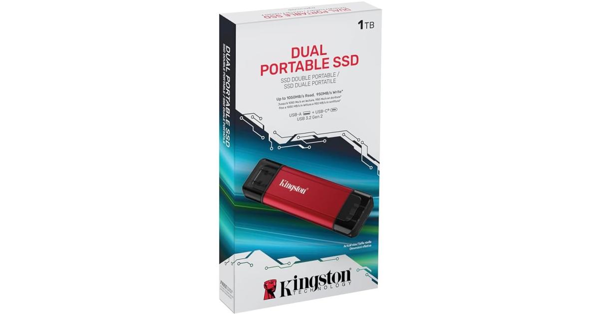 Kingston 1TB Dual USB-A & C Portable SSD Durable Metal Casing Up to 1050MB/s USB 3.2 Gen 2 support Windows, macOS, Linux , Chrome , Android™, iOS/iPadOS