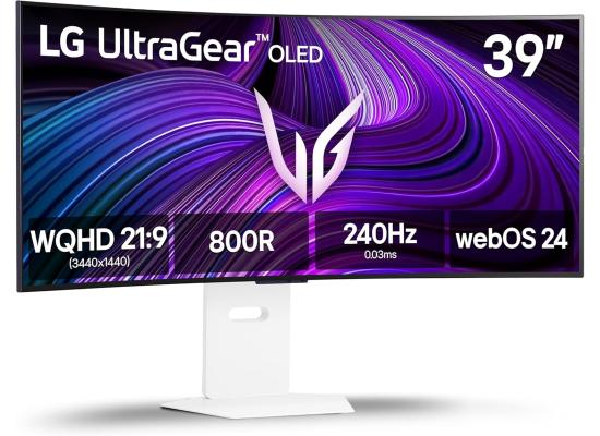 LG 39GX90SA-W UltraGear™ Smart 39” OLED Curved 800R 2K 240Hz 0.03ms HDR True Black 400 webOS 24 AI Picture & Sound G-SYNC Compatible HDMI 2.1 & USB C Adjustable Stand  - White