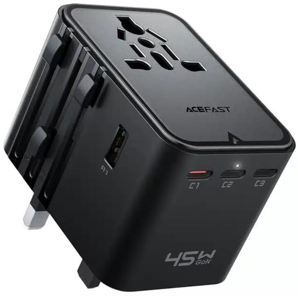 ACEFAST Z8 PD 45W GaN Charger – 3 USB-C + 2 USB-A Multifunctional International Travel Adapter - Black