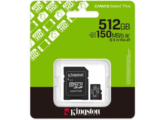 Kingston SDCS3/512GB Canvas Select Plus 512 GB microSDXC Card Up to 150MB/s A1 Class 10 UHS-I with Adapter
